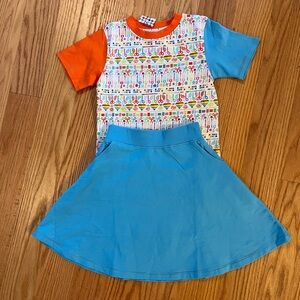 Kids Two-Piece Matching Set with Orange & Blue Top and Blue Skirt